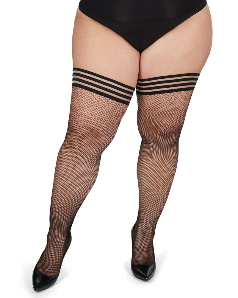 Plus Size Curvy Backseam Fishnet Thigh High Stocking Black Red